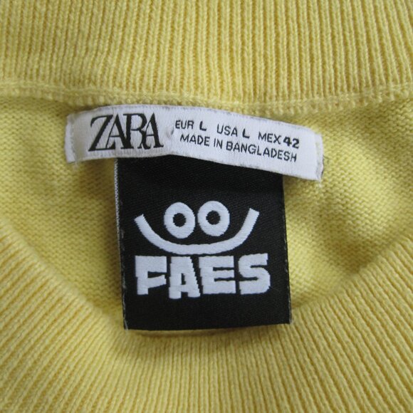 ZARA DIAZ FAES Sweater Smiley Face Size L Crew Neck Knit Yellow Pullover FLAW - Picture 4 of 8